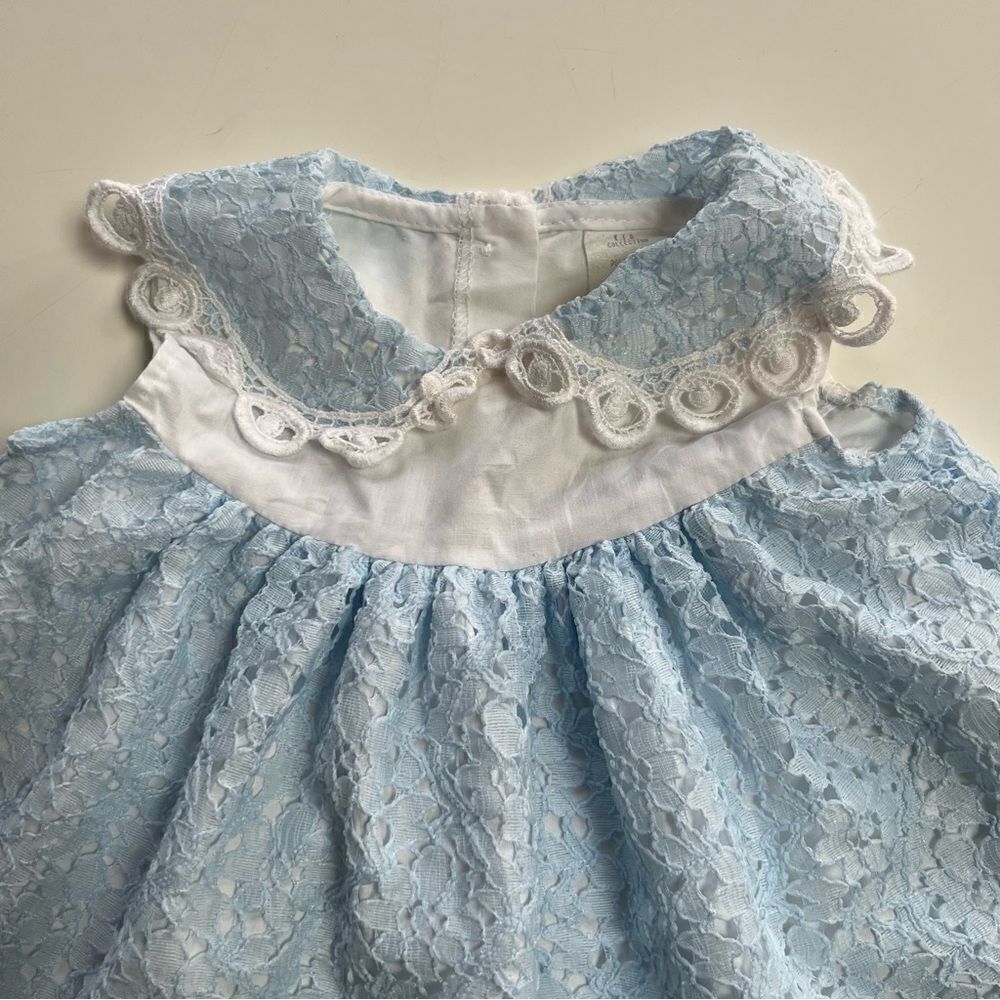Dainty Vintage 1990s Baby Blue Lace Collared Pleated Two Tone Pearl Button Dress - Picture 5 of 6